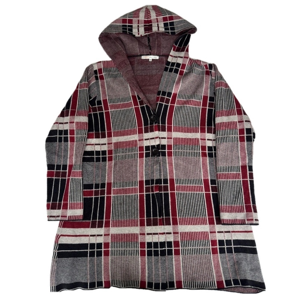 Today’s Designer Plaid Red Gray Black Hooded Button Snap Tunic Cardigan Sweater
